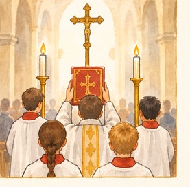 Illustration de l'étape 2 de la messe : On chante, et le prêtre entre