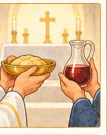 Illustration de l'étape 15 de la messe : On apporte le pain et le vin